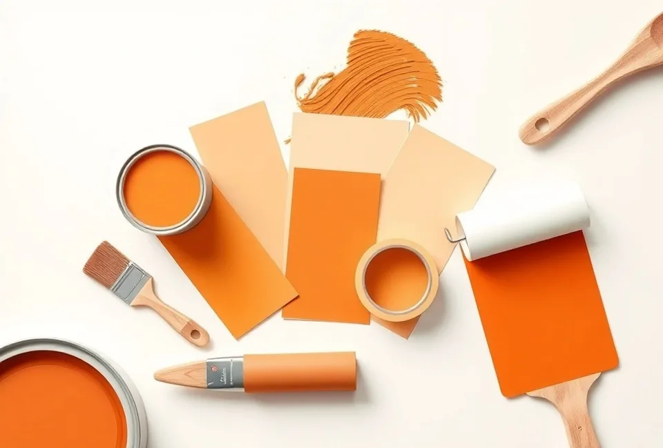 Pots de peinture, nuancier, brosses et rouleaux disposés à plat