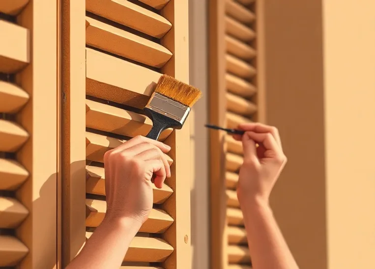 Mise en peinture au pinceau de volets et d'encadrements en bois