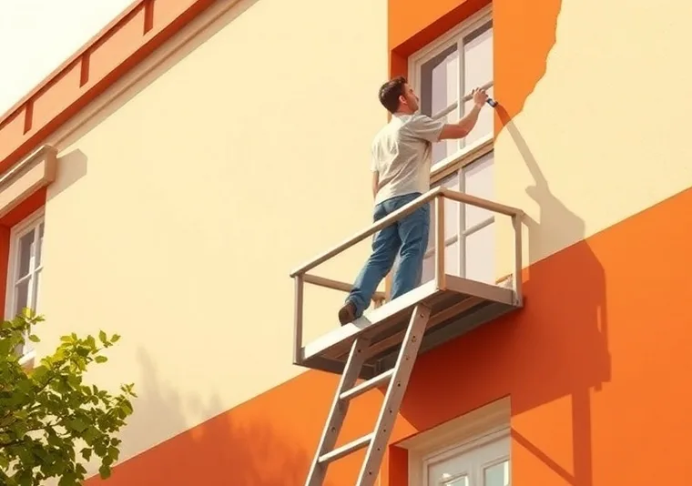 Peintre sur échafaudage traitant la façade d'une maison