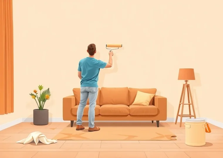 Peintre appliquant la peinture au rouleau sur un mur de salon